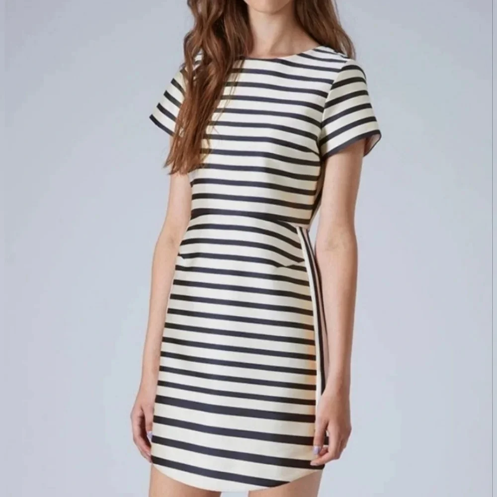 Topshop White & Green Striped Satin Structured Short Sleeve Mini Dress, Sz 12.